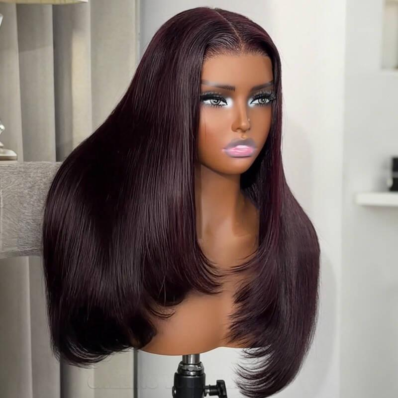 Blackcurrant Brunette 7x5 Lace Wear Go Glueless Layered Straight Human Hair Wig Dark Burgundy