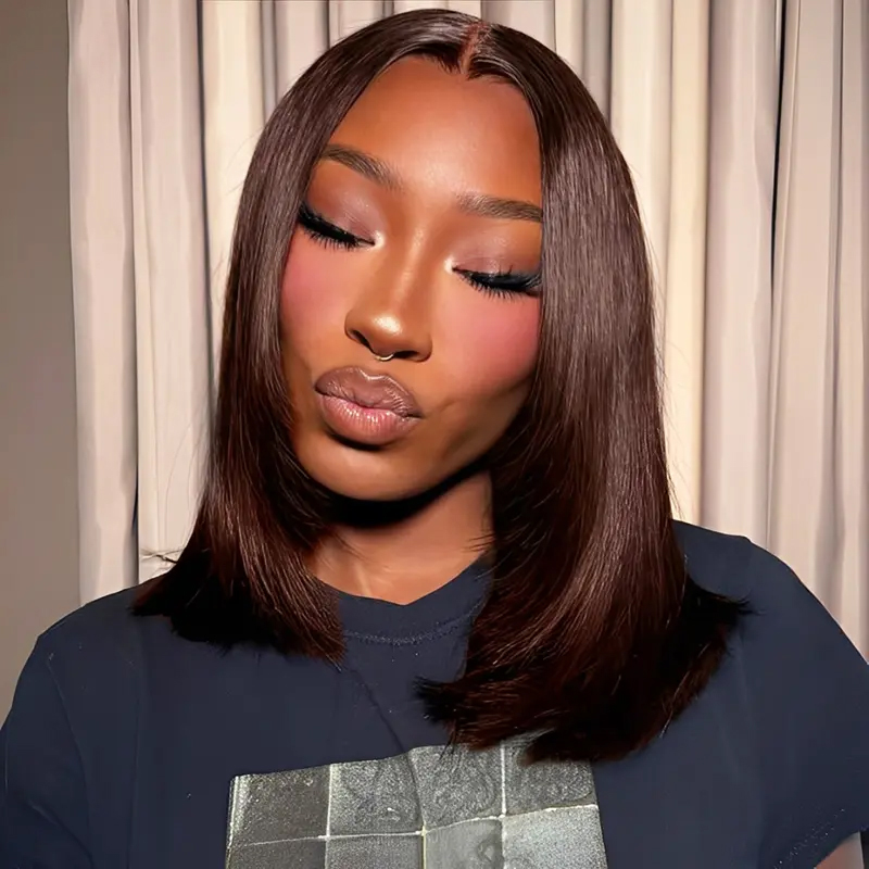 Chocolate Brown Color 7x5 Short Bob Wear Go Layered Cut Yaki Straight Glueless Wig Human Hair Pre Everything Beginnger Friendly