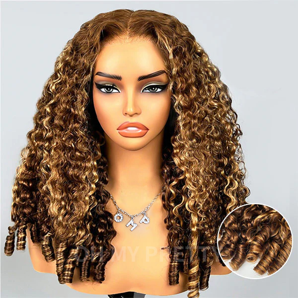 9x6 Burmese Curly Highlight Brown 4/27 Color M-cap Wear Go Glueless Wig Elastic Drawstring
