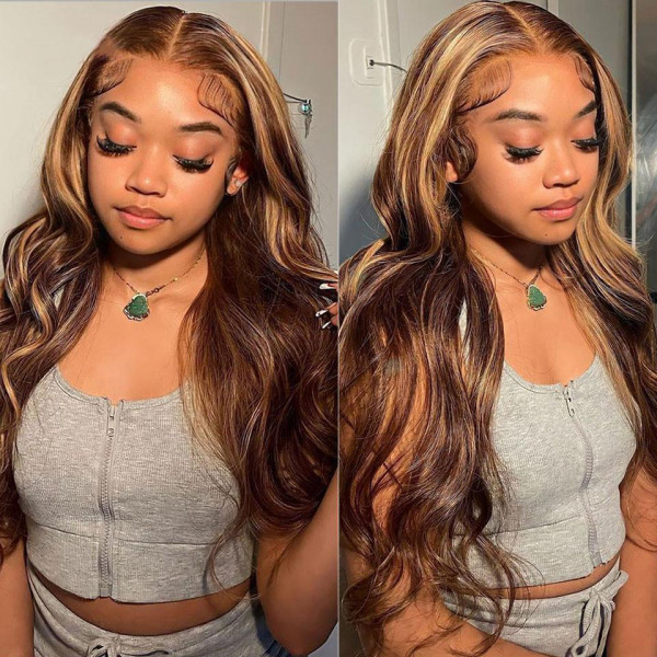 OhMyPretty Wear Go Highlight Brown Glueless  6x4 Lace Body Wave Wig Breathable Cap Human Hair Pre plucked &Pre Bleached & Pre Cut