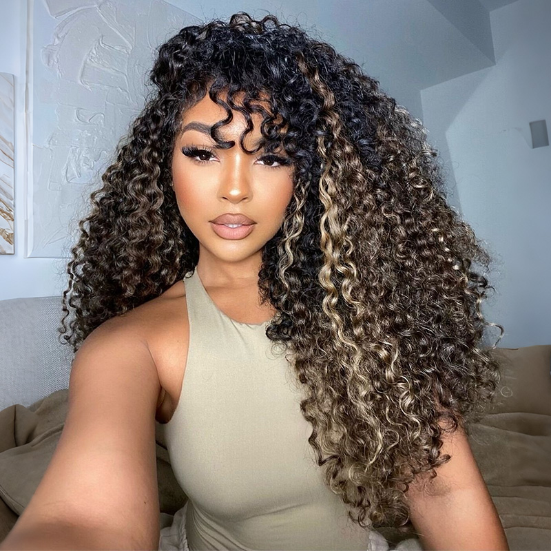 OhMyPretty Highlight Brown Burmese Curly Half Wig Flip Over Wig Invisible Hairline Draw-strings For Beginner