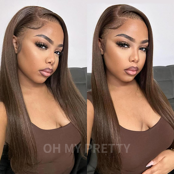 Brown Color #4 Straight Wear Go Glueless 6x4 Lace Wigs Pre-Plucked Hairline Pre-Cut Lace 100% Human Hair