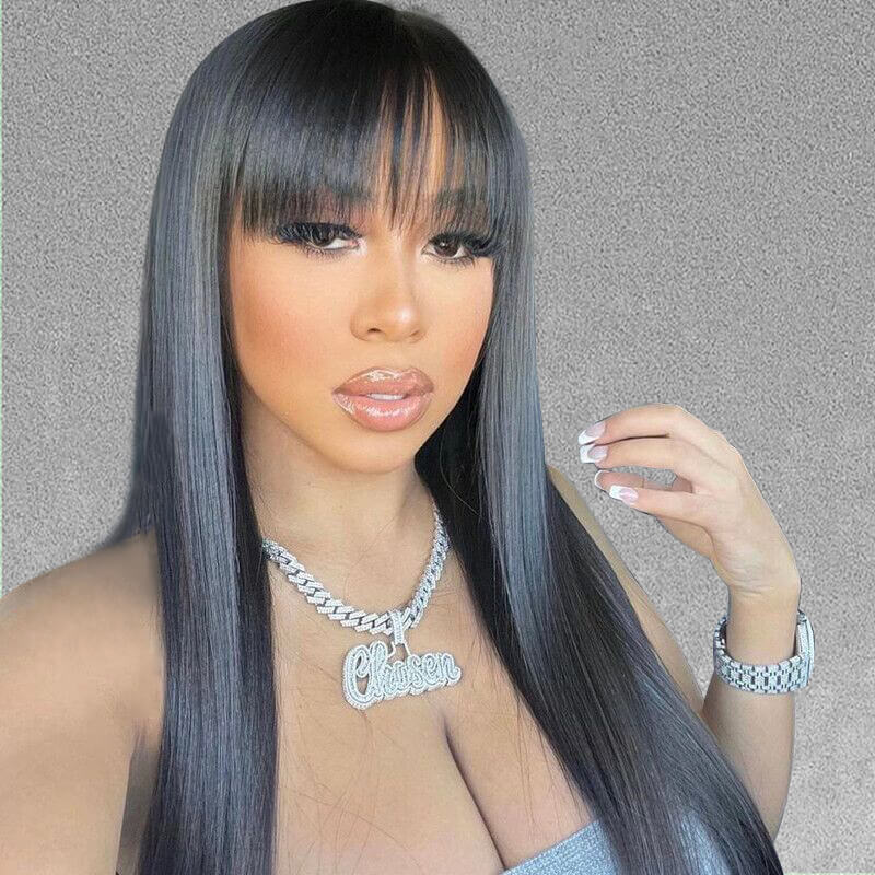 OhMyPretty Glueless Machine Made Realistic Scalp Soft Silky Straight Hair Wig with Bangs 100% Human Hair Wigs