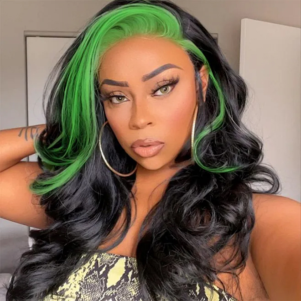 OhMyPretty Green With Black Colored Skunk Stripe Hairstyle Straight 13x4 Lace Front Wig