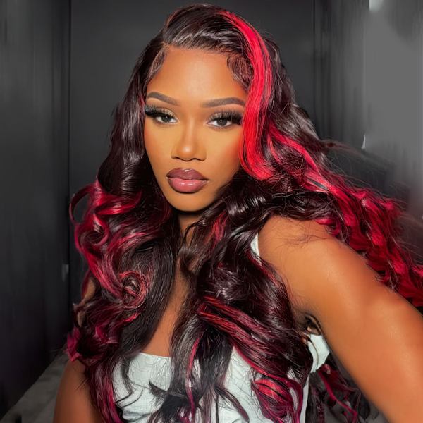 Red With Black Colored Skunk Stripe Straight 13x4 Lace Front Wig