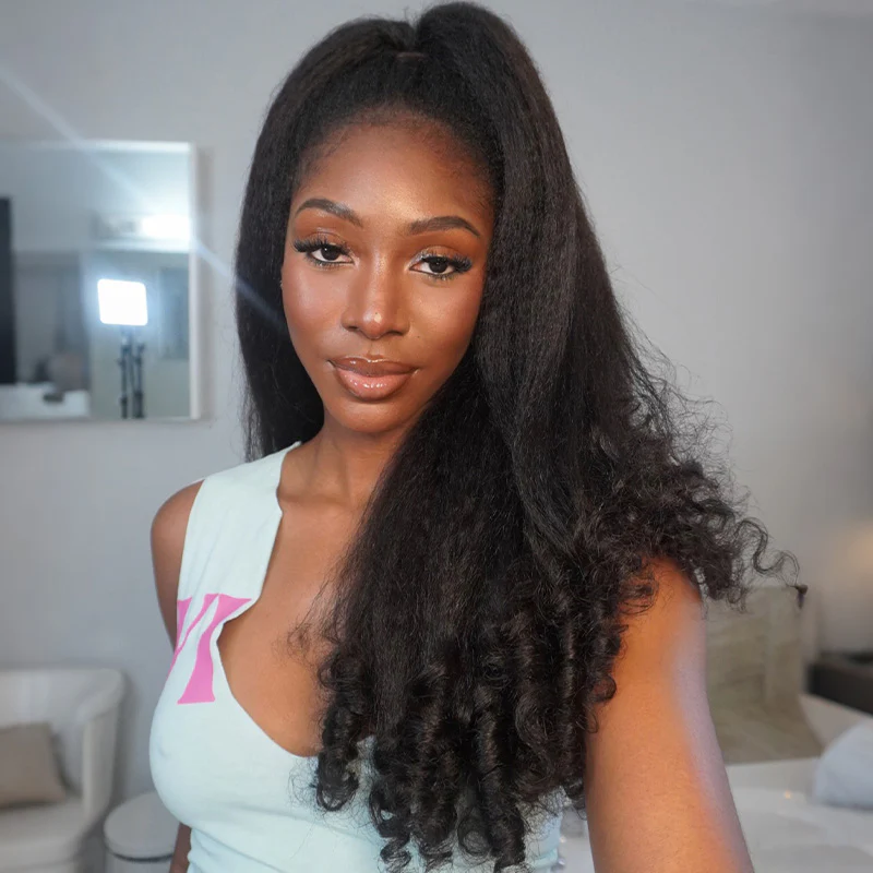 OhMyPretty Wear Go Half Wig 3 IN 1 Kinky Straight With Spiral Curly Ends Flip Over Wig For Beginner Invisible Hairline