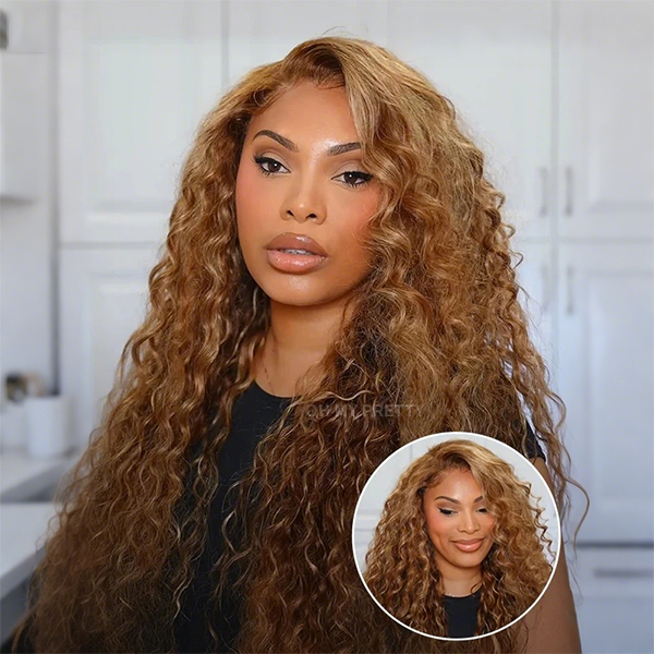 Side Part Honey Blonde Light Highlight Wear Go Glueless Water Wave Wig 7x5 Pre-cut Pre-plucked Bleached Knots Wig