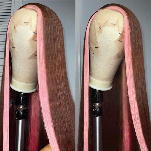 Chocolate Brown With Pink Skunk Stripe 13x4 Lace Front Wig With Pre-plucked Edges