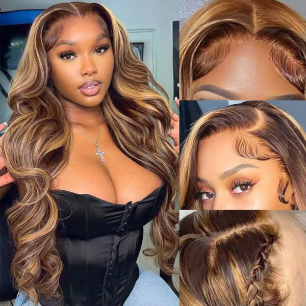 OhMyPretty Wear Go Highlight Brown Glueless  6x4 Lace Body Wave Wig Breathable Cap Human Hair Pre plucked &Pre Bleached & Pre Cut