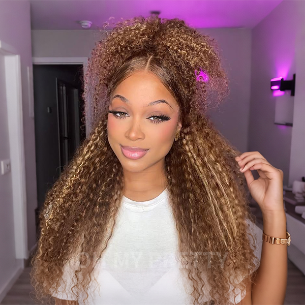 Wear Go Glueless Highlight Brown Kinky Curly 7x5 Lace Wig With Pre-plucked Hairline
