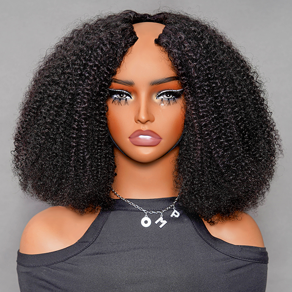 OhMyPretty V Part Afro Curly Wig Thin Part Human Hair Glueless Wig Beginner Friendly No Lace Protective Style