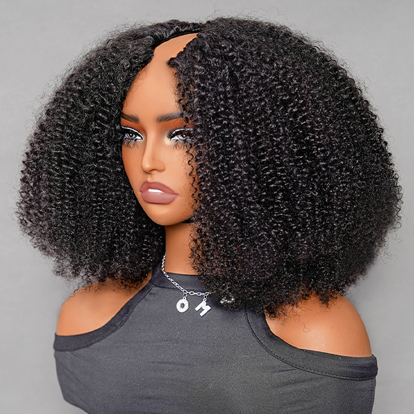 OhMyPretty V Part Afro Curly Wig Thin Part Human Hair Glueless Wig Beginner Friendly No Lace Protective Style