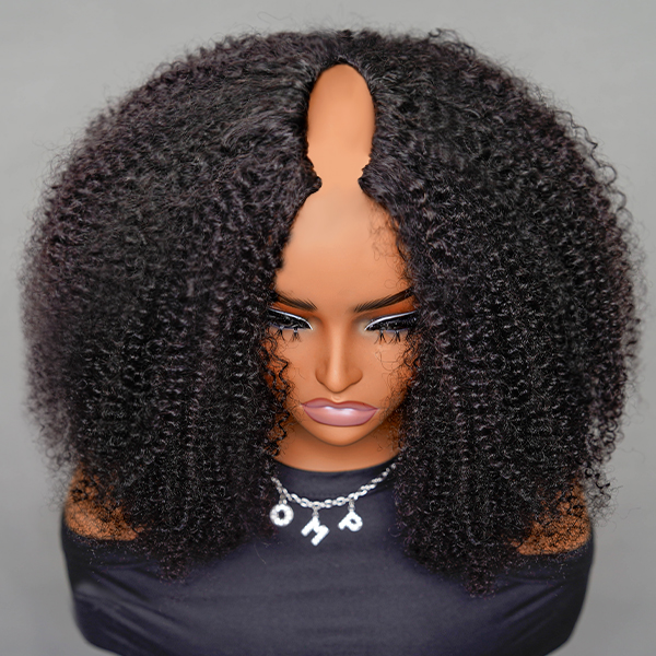 OhMyPretty V Part Afro Curly Wig Thin Part Human Hair Glueless Wig Beginner Friendly No Lace Protective Style