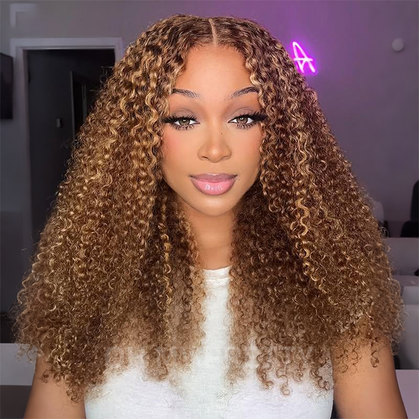Wear Go Glueless Highlight Brown Kinky Curly 7x5 Lace Wig With Pre-plucked Hairline
