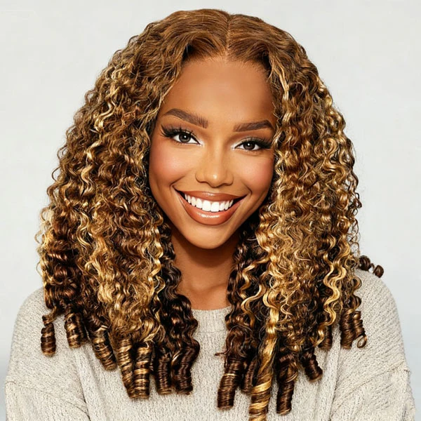9x6 Burmese Curly Highlight Brown 4/27 Color M-cap Wear Go Glueless Wig Elastic Drawstring