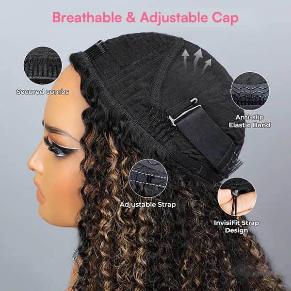 OhMyPretty Highlight Brown Wear Go Half Wig 3 IN 1 Kinky Curly Flip Over Wig Invisible Hairline Draw-strings For Beginner