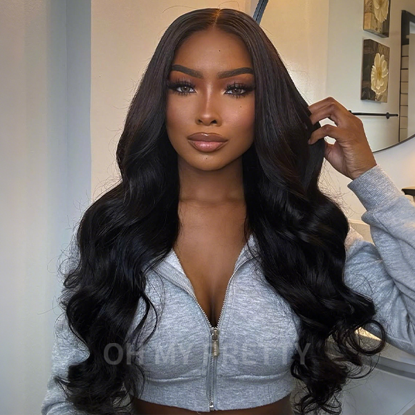 OhMyPretty Bleach Knots Glueless Body Wave Wear Go 7x5 HD Lace Wig With Pre-plucked Edges Pre-Cut Zig Zag Lace Invisible Knots