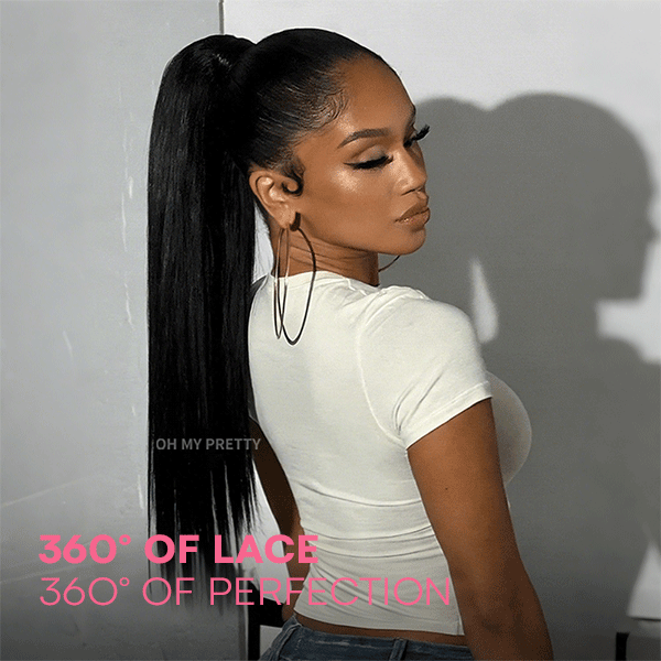 OMpretty 360 Straight Invisi Draw Strings Wear Go Glueless Pre-Bleached And Pre-Cut Lace Human Hair Wig