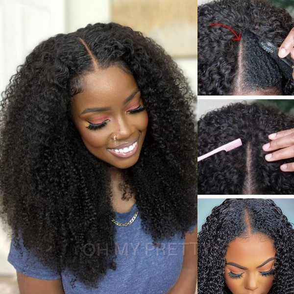 OhMyPretty V Part Wigs kinky Curly Thin Part Human Hair Wig