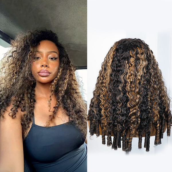 OhMyPretty Highlight Brown Burmese Curly Half Wig Flip Over Wig Invisible Hairline Draw-strings For Beginner