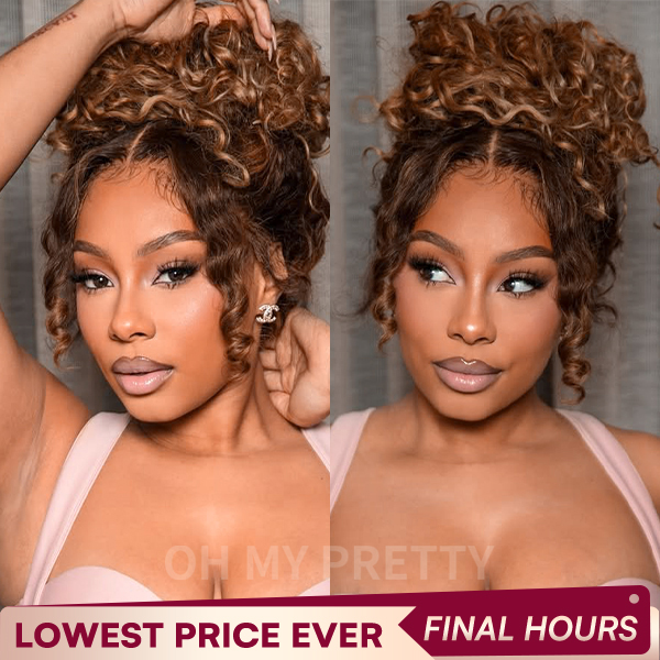 OMpretty Highlight Brown Water Wave 360 Wear Go Wig Invisi Draw Strings Pre-Cut Lace Glueless Wigs