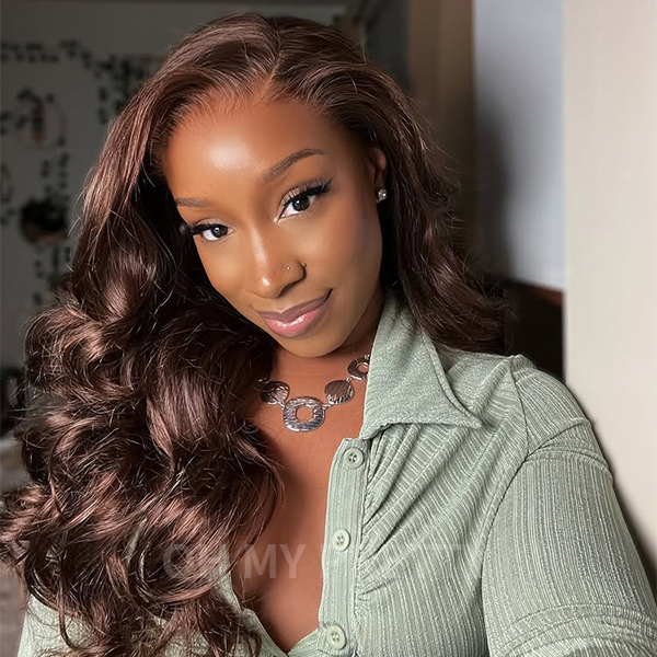 OhMyPretty Face-Framing Layers #4 Dark Brown Colored Loose Wave  Wear Go Glueless 6x4 Lace Wig Human Hair Wig