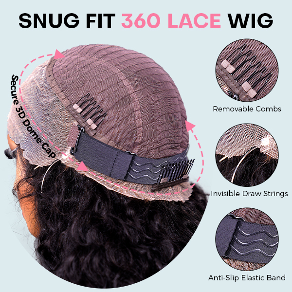 OMpretty 360 Water Wave Invisi Draw Strings Wear Go Glueless Pre-Bleached And Pre-Cut Lace Human Hair Wig