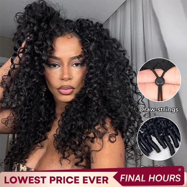 [16Inch= $89] OhMyPretty Burmese Curly Wear Go Half Wig Invisi Draw Strings Glueless Wig for Beginners Human Hair