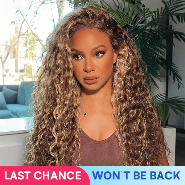 Side Part Honey Blonde Light Highlight Wear Go Glueless Water Wave Wig 7x5 Pre-cut Pre-plucked Bleached Knots Wig