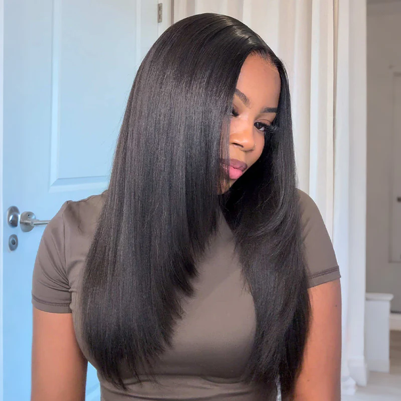 [Model Length = $108] Ultra Natural Wear Go Layered Cut Yaki Straight Invisi Draw Strings Silky Bob 9x6 Tpart Lace Glueless Wig | Classic & Chic