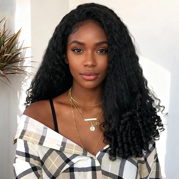 OhMyPretty Wear Go Half Wig 3 IN 1 Kinky Straight With Spiral Curly Ends Flip Over Wig For Beginner Invisible Hairline