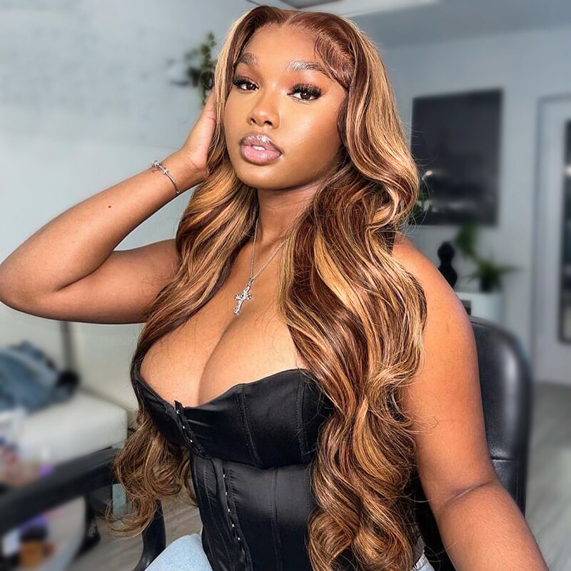 OhMyPretty Wear Go Highlight Brown Glueless  6x4 Lace Body Wave Wig Breathable Cap Human Hair Pre plucked &Pre Bleached & Pre Cut