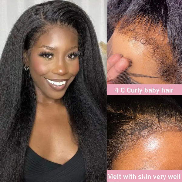 4C Hairline Kinky Straight HD Lace Frontal Wig With Curly Hairline