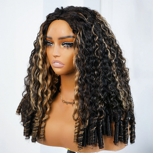 OhMyPretty Highlight Brown Burmese Curly Half Wig Flip Over Wig Invisible Hairline Draw-strings For Beginner