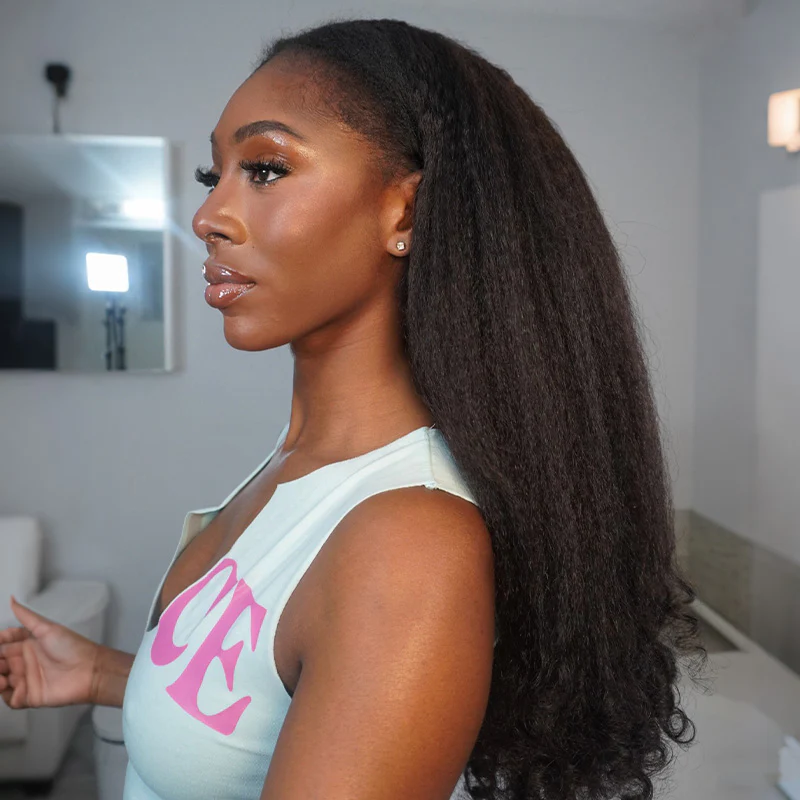 OhMyPretty Wear Go Half Wig 3 IN 1 Kinky Straight With Spiral Curly Ends Flip Over Wig For Beginner Invisible Hairline