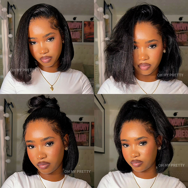 OhMyPretty Blowout Bob Kinky Straight Wear Go Half Wig Flip Over Wig Invisible Hairline Draw-strings Blend & Secure For Beginner 