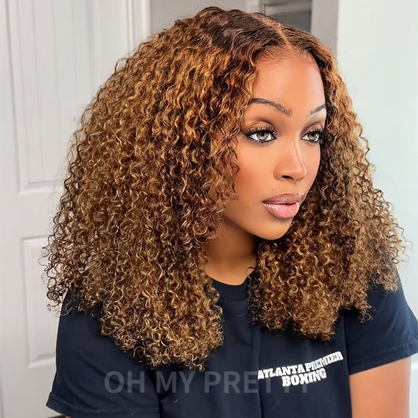 Wear Go Glueless Highlight Brown Kinky Curly 7x5 Lace Wig With Pre-plucked Hairline