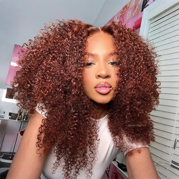 14Inch Wear Go Glueless Reddish Brown Color Kinky Curly 7x5 Lace Wig With Pre-plucked Hairline Flash Sale