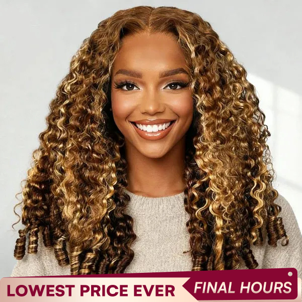9x6 Burmese Curly Highlight Brown 4/27 Color M-cap Wear Go Glueless Wig Elastic Drawstring