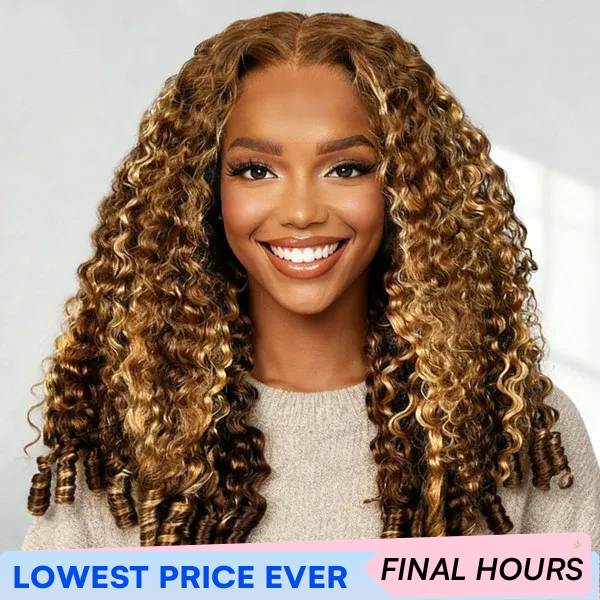 9x6 Burmese Curly Highlight Brown 4/27 Color M-cap Wear Go Glueless Wig Elastic Drawstring