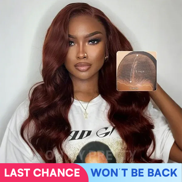 OhMyPretty Wear Go Glueless Reddish Brown Color Body Wave 7x5 Lace Wig With Pre-Plucked Realistic Hairline Pre-Cut Zig Zag Lace Mini Knots
