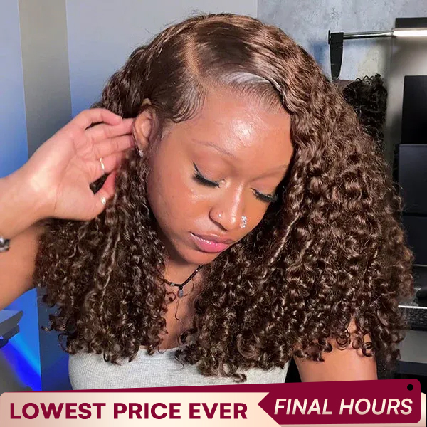 9x6 Burmese Curly Chocolate Brown Color Glueless Wig Pre Cut Lace Wear Go Wig With Elastic Drawstring