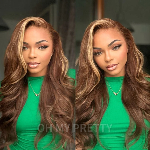 Honey Blonde Highlight Layered Cut Body Wave 7x5 Closure Lace Human Hair Wig Pre-Cut Lace