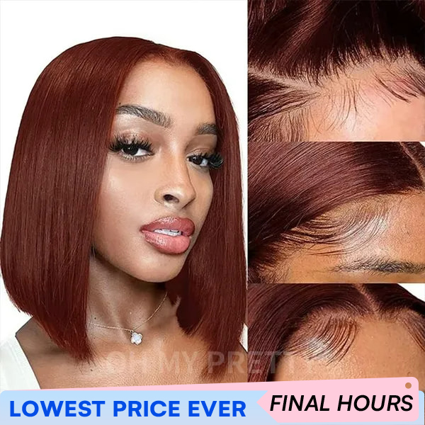 250% Density Reddish Brown Color Wear Go Glueless  Straight 7x5 Lace Bob Wig With Pre-plucked Hairline Pre-Cut Lace