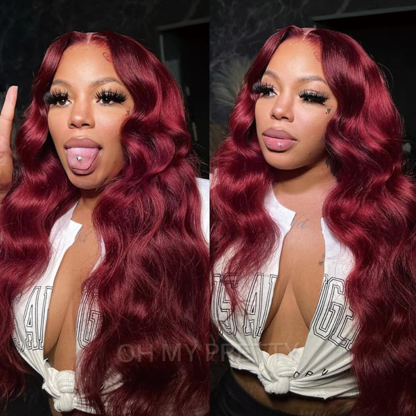 OhMyPretty Wear Go Glueless 99J Color Body Wave 6x4 Lace Wig With Pre-plucked Hairline Tiny Knots Pre-Cut Zig Zag Lace