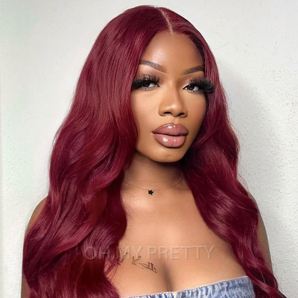 OhMyPretty 99J Burgundy Body Wave 13*4 Lace Front Wig with Pre-plucked Edges