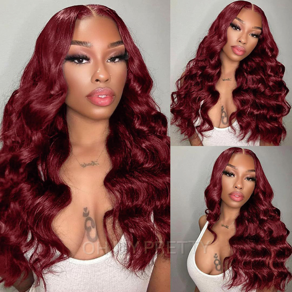 OhMyPretty 99J Burgundy Body Wave 13*4 Lace Front Wig with Pre-plucked Edges