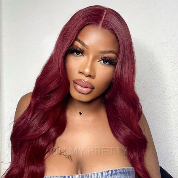 OhMyPretty 99J Burgundy Body Wave 13*4 Lace Front Wig with Pre-plucked Edges