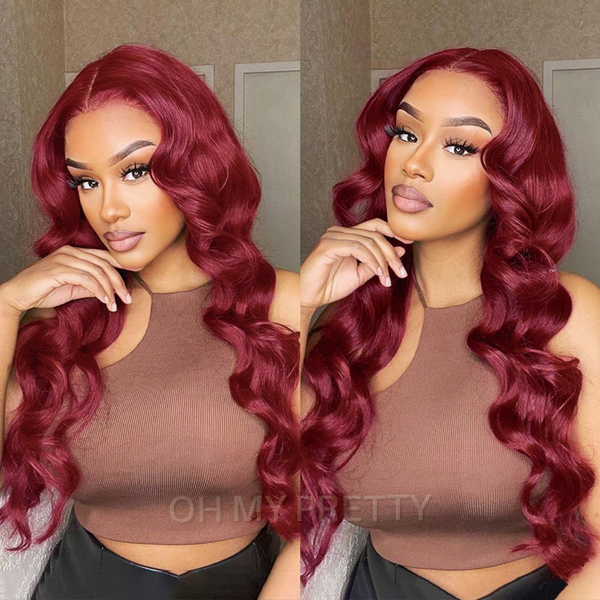 OhMyPretty 99J Burgundy Body Wave 13*4 Lace Front Wig with Pre-plucked Edges