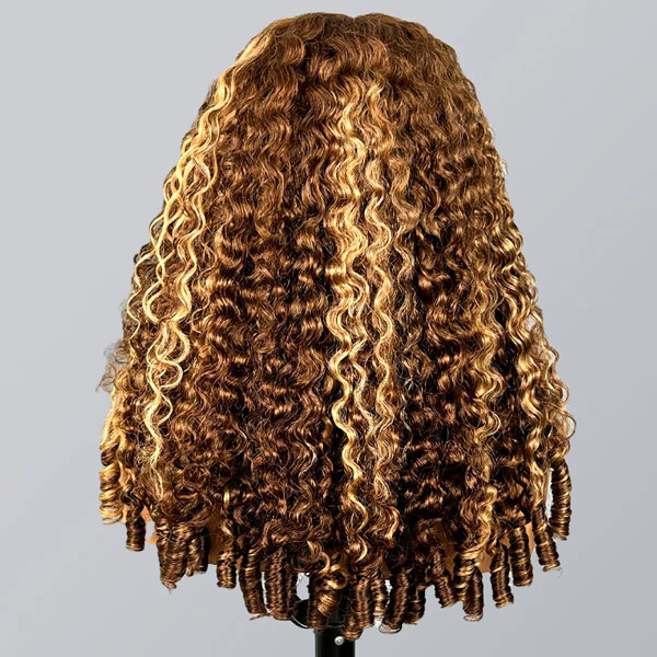 9x6 Burmese Curly Highlight Brown 4/27 Color M-cap Wear Go Glueless Wig Elastic Drawstring